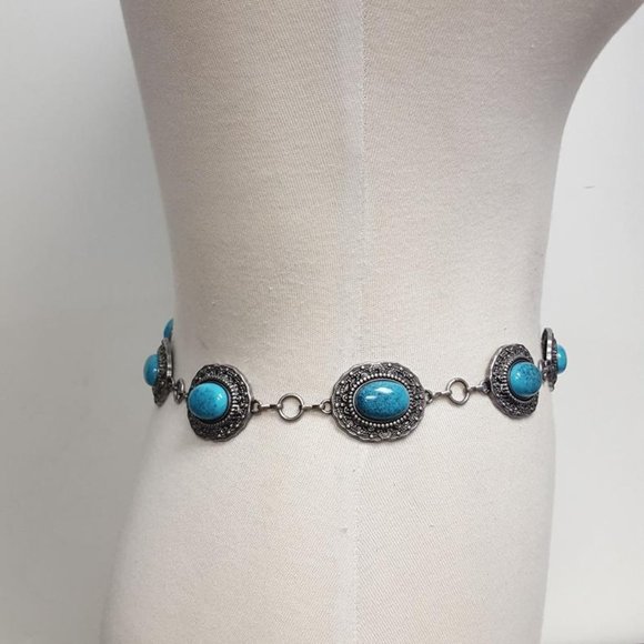 Vintage Silver Western Turquoise Stone Chain Belt - Picture 2 of 3